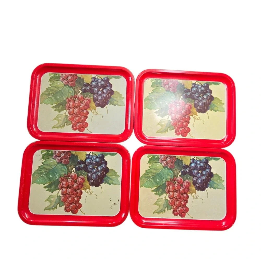 Vintage Metal Serving Trays Red Trim W/Grapes Design 10.5